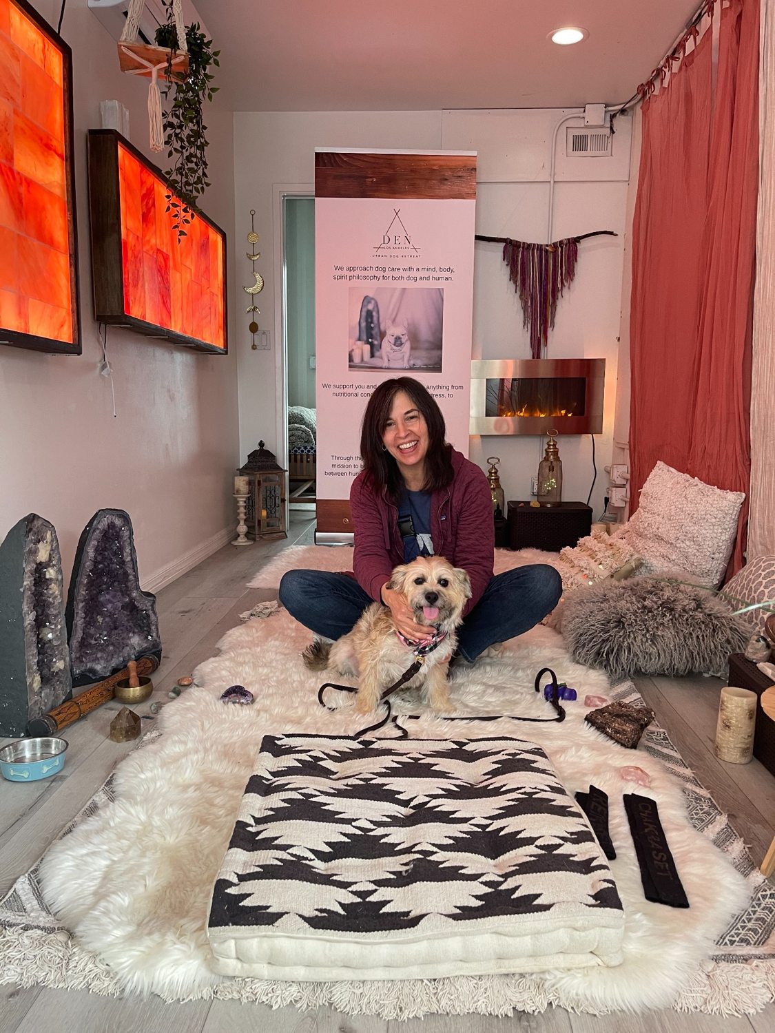 Dog relaxing by crystal singing bowls during a real DEN sound healing wellness session